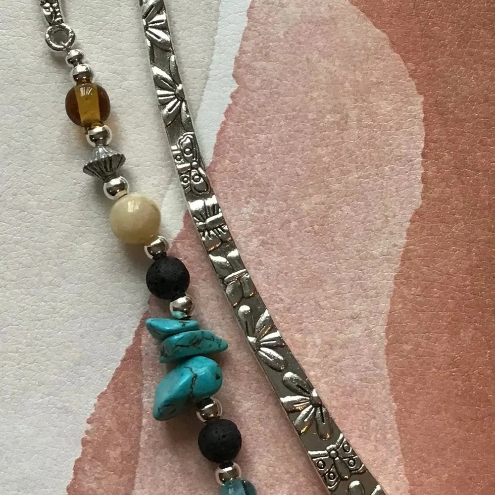 Tibetan Metal Essential Oil Bookmark Flower Engraved‎ - Yellow Jade - Turquoise
